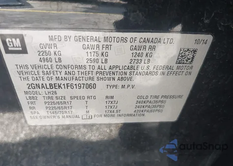 2015 Chevrolet Equinox 1Lt z USA, uszkodzony, nr VIN 2GNALBEK1F6197060